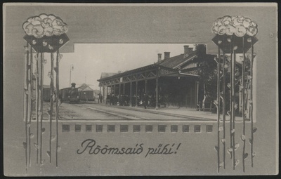 fotopostkaart, kevadpühade kaart, Rõõmsaid pühi!, Viljandi raudteejaam, pajuurvad, munad, u 1915, kirjastus H. Leoke (Viljandi)  duplicate photo