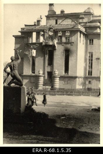 View of the "Estonia" theatre building damaged in March bombing for Real Gymnasium