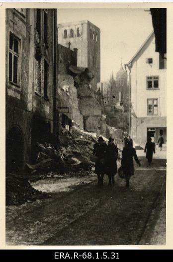 Consequences of March bombing in Tallinn: view of the King Street to the Church of Niguliste and Toompea