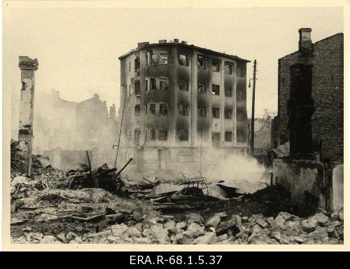 Consequences of March bombing in Tallinn: view of the destroyed and burned houses in the Gonsiori and Reimani street region