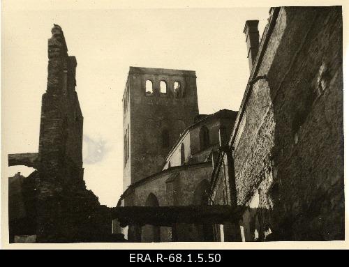 Consequences of March bombing in Tallinn: view of the tower destroyed to the Niguliste Church from Harju Street
