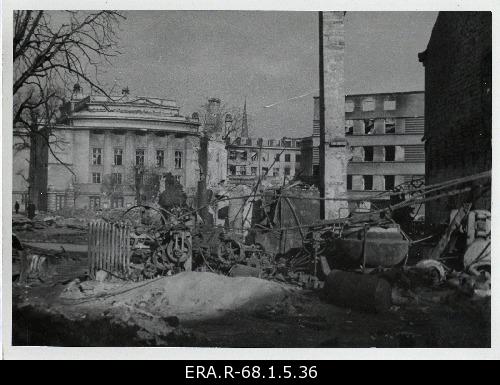 The consequences of the March bombing in Tallinn; the theatre building "Estonia" appears to be burned between the russes"