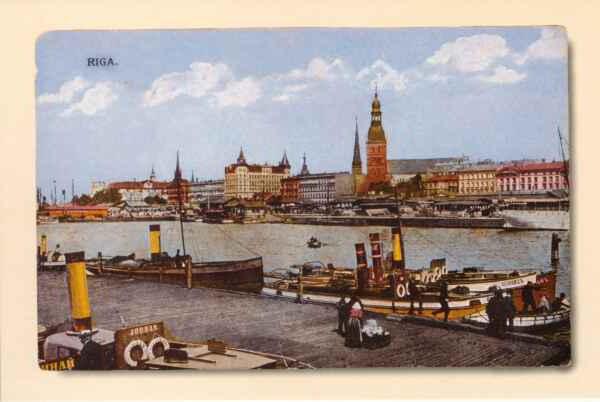 Postkaart. Aurupuksiirid Leonid ("Леонидъ") ja Jordan Riia sadamas