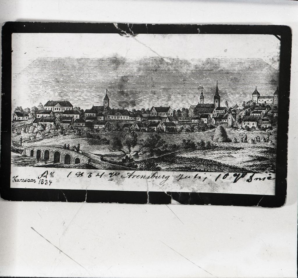 Kuressaare panoraam - postkaart joonistusest.  Johann Carl Emanuel von Ungern-Sternbergi gravüür.1834.a.
