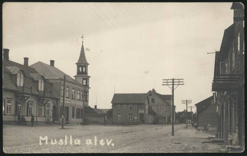 fotopostkaart, Tarvastu khk, Mustla alev, peatänav Tarvastu poolt, Tarvastu Põllumeeste Ühispank, restoran Mustla, u 1925