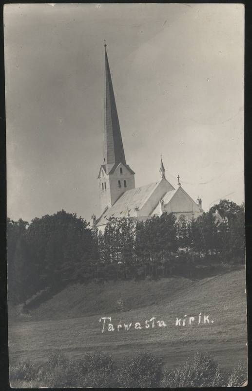 fotopostkaart, Tarvastu khk, Tarvastu kirik, eemalt, postitempel 20.03.1929, u 1925