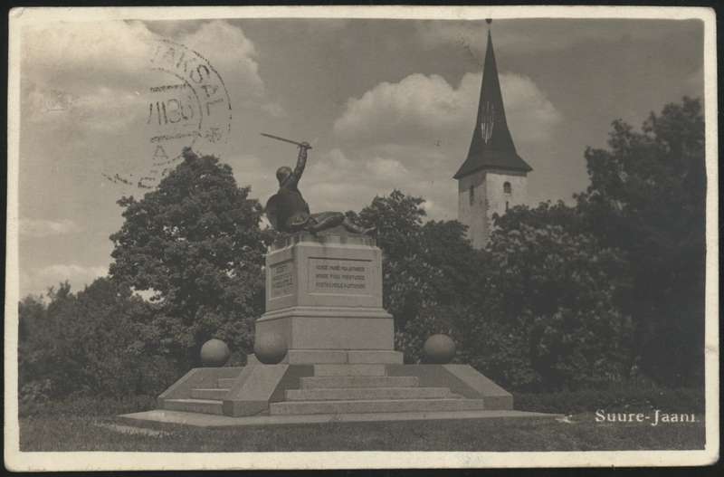 fotopostkaart, Suure-Jaani khk, Suure-Jaani, mälestussammas, küljelt, kirik, u 1936