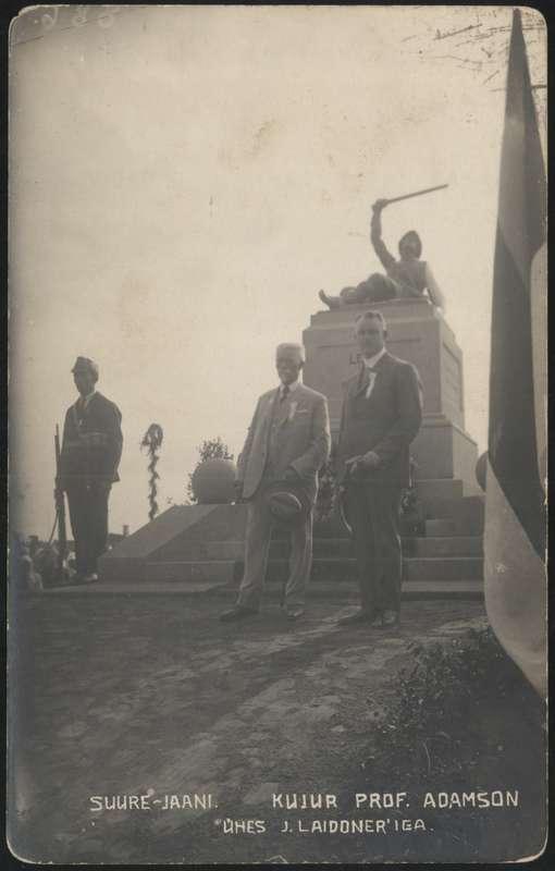 fotopostkaart, Suure-Jaani khk, Suure-Jaani, mälestussammas, pühitsemine, kujur A. Adamson, kindral J. Laidoner, 24.06.1926, foto A. Järvekülg