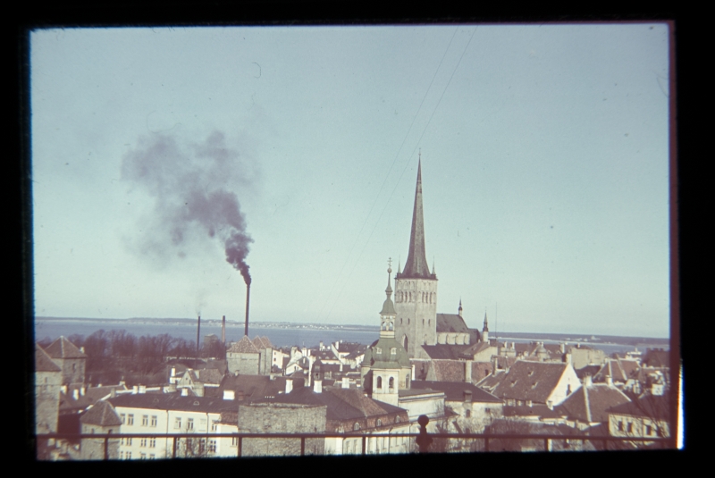 View eastwards from the Tallinn Patkuli viewing platform - the city wall, Oleviste Church, the Gulf of Tallinn.