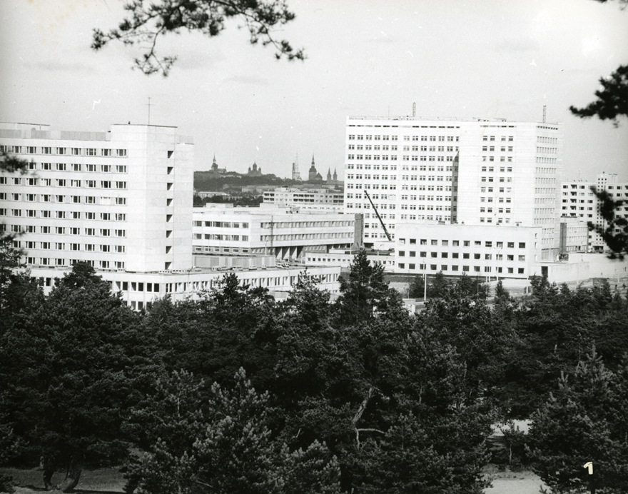 The Mustamäe hospital complex is almost finished, a distance view, towers of the old town in the panoram. Architect Ilmar Wood Forest