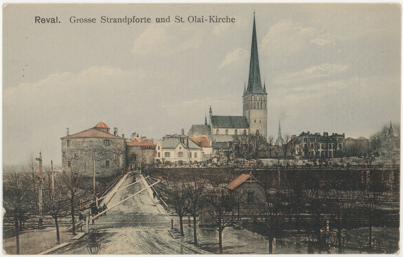 Postcard Tallinn Big Beach Gate and Oleviste Church