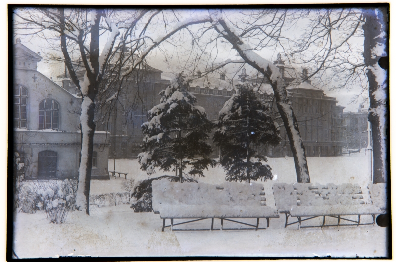 Winter view over Pärnu mnt New Market and the back of Estonia theatre.