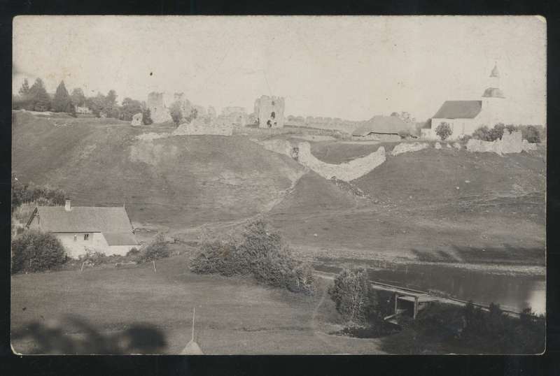 Postcard, Karksi-Nuia, general view of Karksi fortress, church of valley, veski