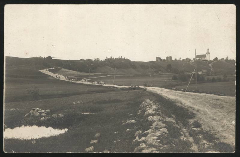 Postcard, Karksi-Nuia, Karksi valley, highway, castle rafts, church