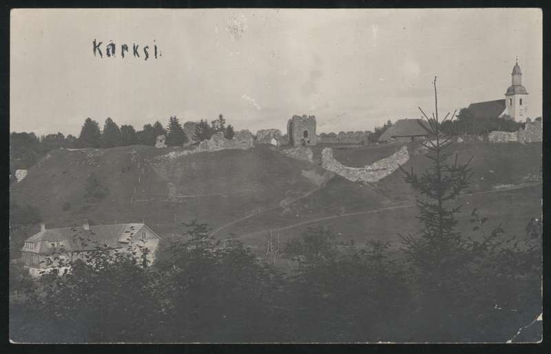 Postcard, Karksi-Nuia, general view of Karksi fortress, church from valley