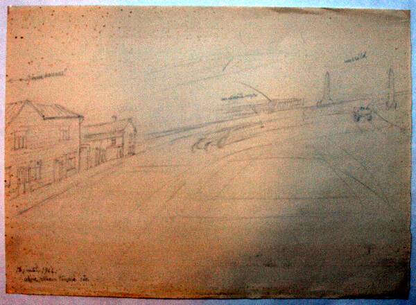 Silicon drawing. Tartu city view, winning bridge. 1966.