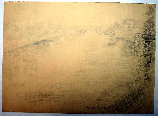 Silicon drawing. The bridges of the Freedom Bridge. 1945.