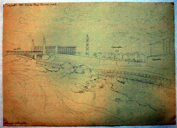 Silicon drawing. Tartu city view, restaurant building site. 1966.