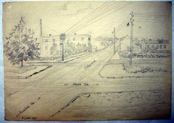 Silicon drawing. Tartu city view, Narva and Raatus street crossroads. 1965.