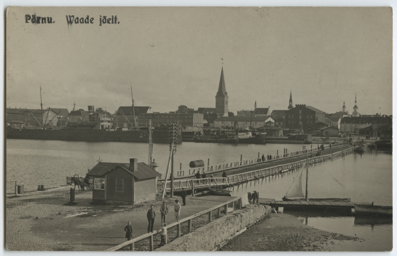Pärnu, view of the river. Bridge and port on the river Pärnu, view towards the city centre.