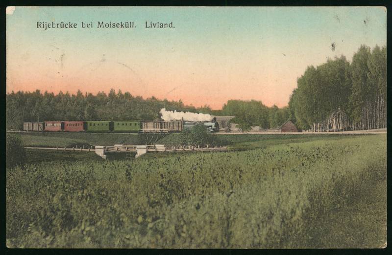 Postcard, Mõisaküla railway bridge with train