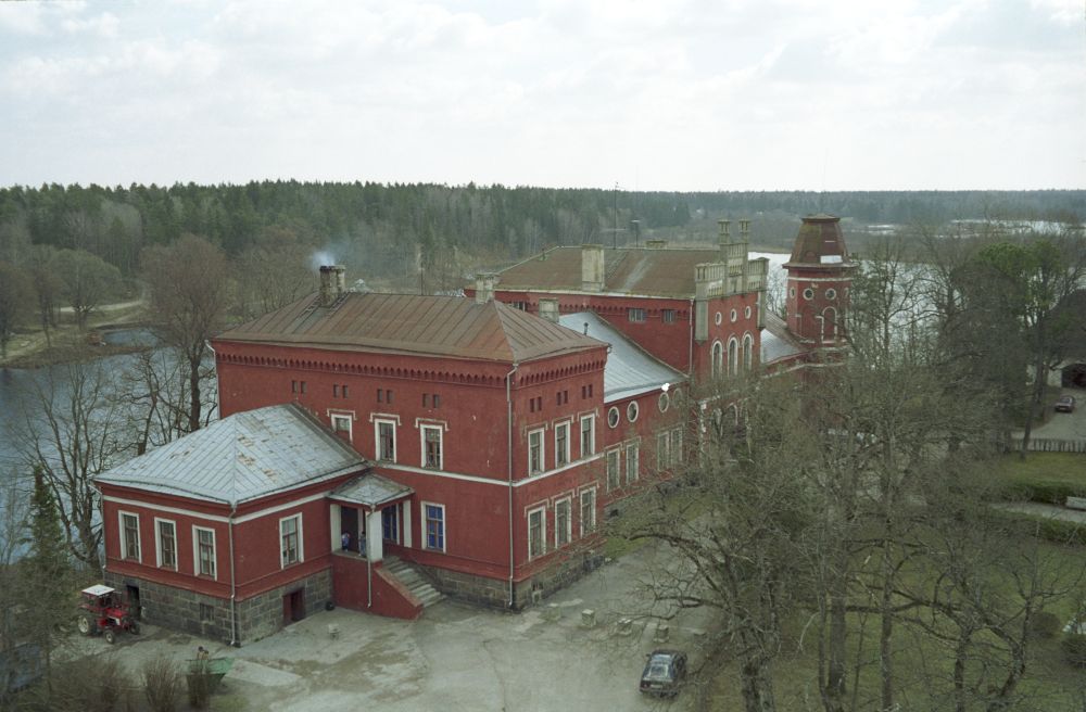 View from the gates tower of Porkun Castle to the bourgeois of Porkun Manor (built 1870-74)
