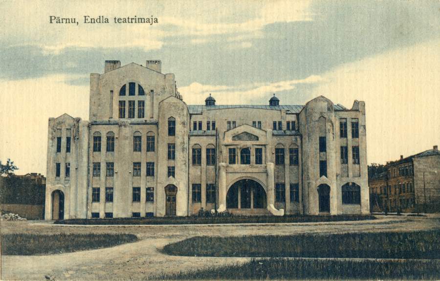 Printing card, colored. "endla" theatre building at the corner of Garden and Rüütli streets in the centre of Pärnu.