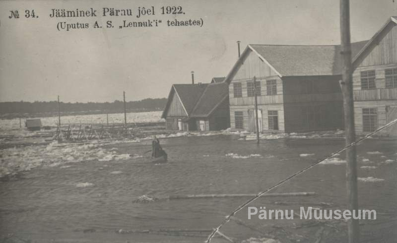 Photo postcard, 1922. View of the flooding at the "Lennuki" factory due to the remainder of the Pärnu River.