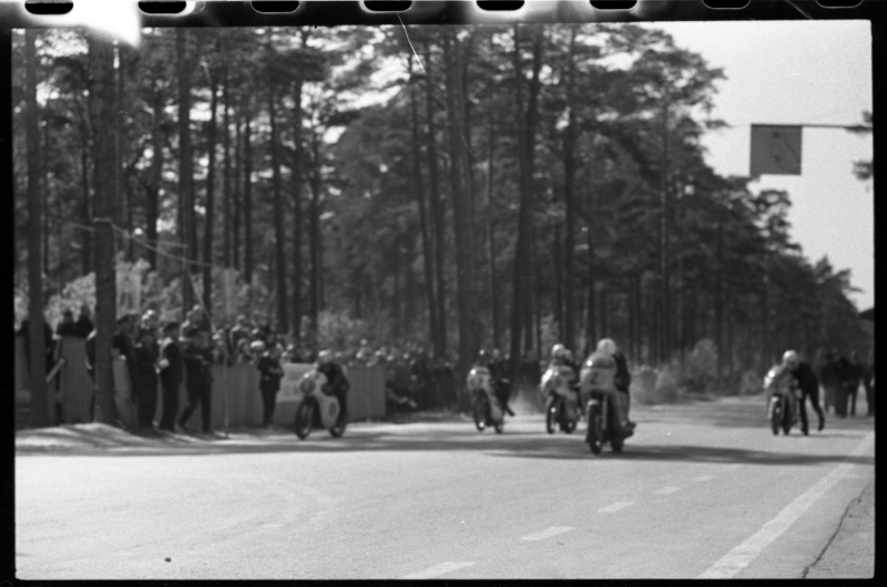 Kalevi Suursõit on the Pirita-Kose-Kloostrimetsa circular track. Motorcycles on the track. 1969 Kalev Suursõit. 500-cube machine class start.