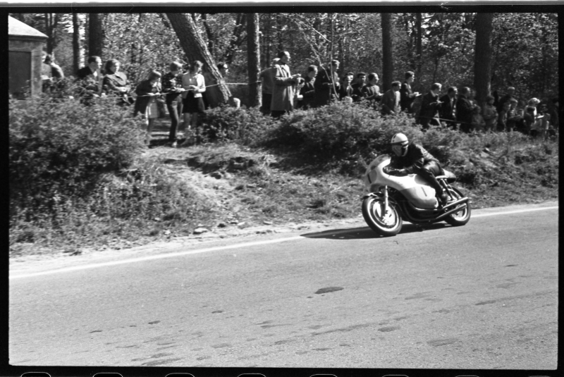 Kalevi Suursõit on the Pirita-Kose-Kloostrimetsa circular track. Motorcycle on the track. 1969 Kalev Suursõit. Jüri Randla.