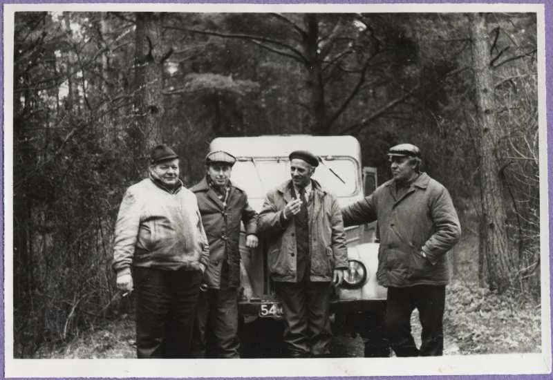 Haapsalu Fishing Inspectorate. Four men stood in the forest in front of the car GAZ-69.