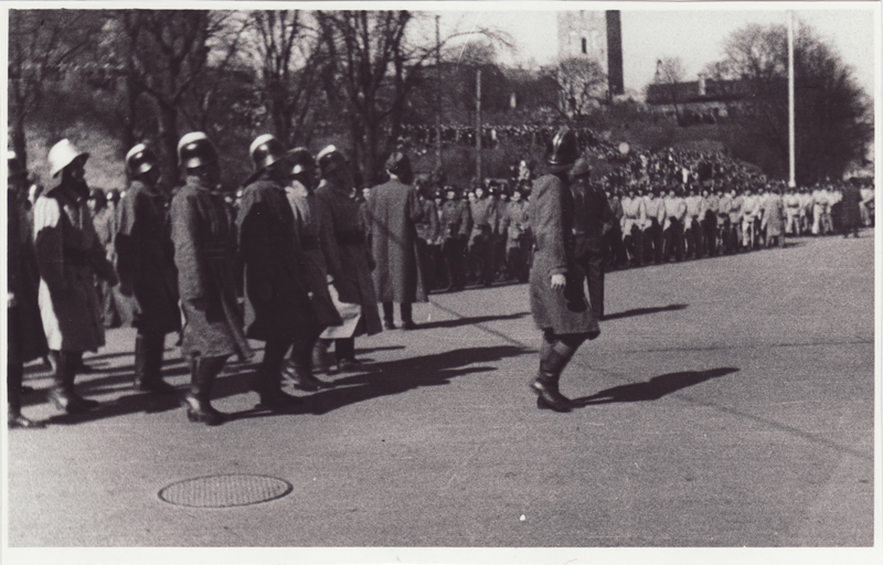 Celebration of the 30th anniversary of the Soviet fire extinguishment. Military firefighting colonel on parade in 1948.