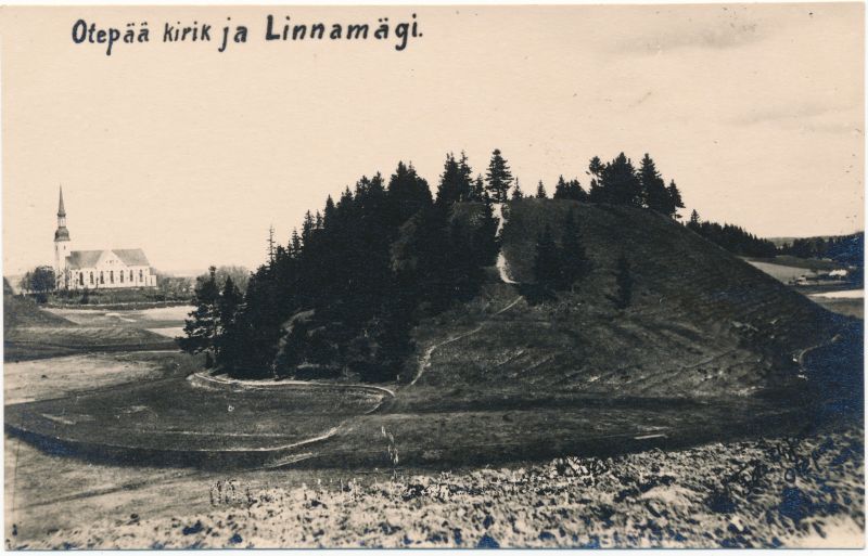 Postcard. Otepää church and castle mountain. Album Hm 7956.