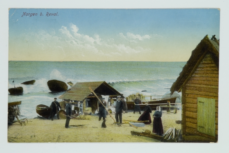 Paadisadam in southern village, view of the sea towards. Sandy beach with net houses and boats. On the beach 5 fishermen 2 women with long skirts.