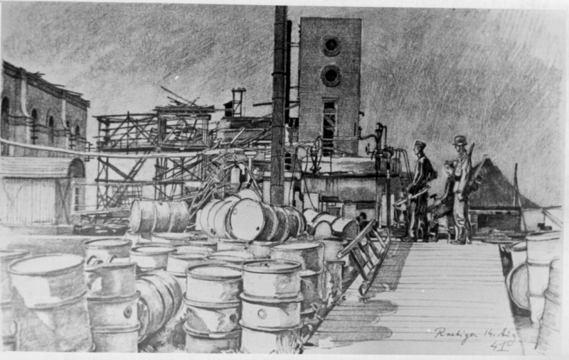 Drawing from the reporter-front artist of the German army: special commands of the German army are located to implement the broken rock oil shale industry. 1941.