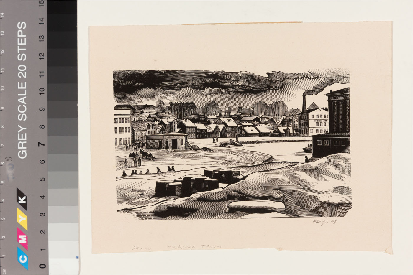 Kaljo, Richard. Winter Tartu. 1948. Wooden gravity. Pl 8,1x12,8; Lm 12,5x16,3