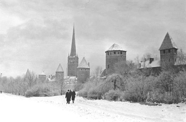 Winter Tallinn. The Old Town Towers and the Oleviste Church.