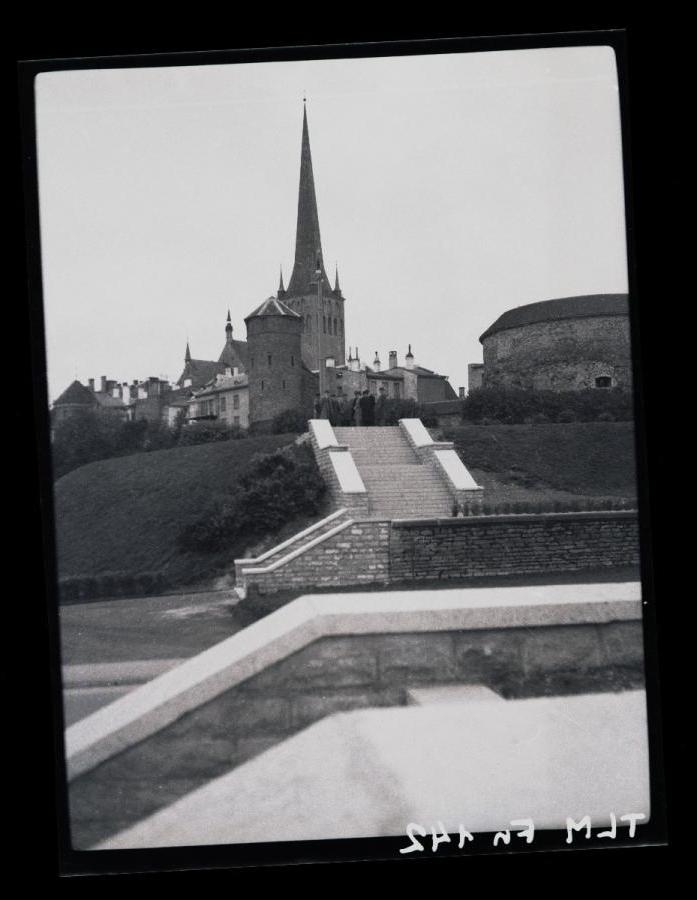 Tallinn, view of the mountain of the Beach Gate with Paksu Margareta and the Church of Oleviste.