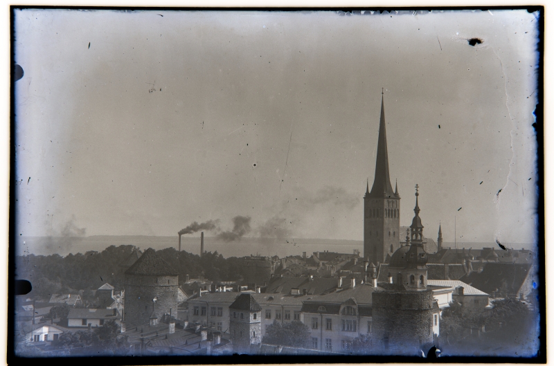 View from Toompea from Patkuli stairs across the northeast of the Old Town. In front of the right Gustav Adolf Gymnasium buildings, the towers of the Church of the Lord of the Tallinn, the tower of the Church of Olevis.