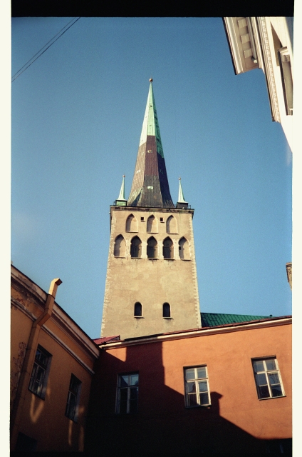 View of the Tower of the Oleviste Church in Tallinn from Pagari Street