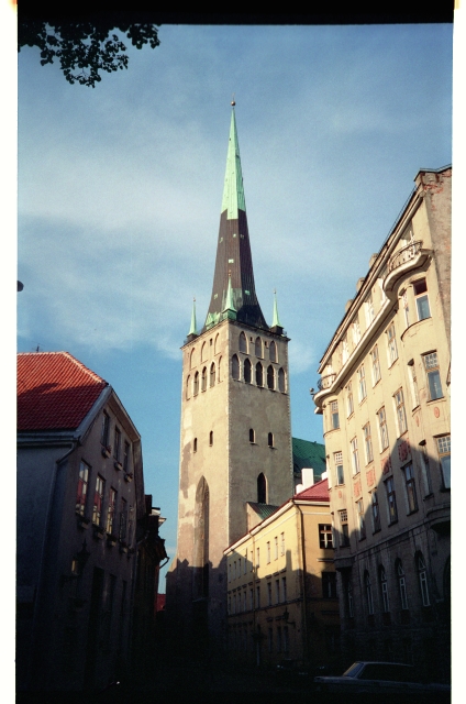 View of the Olviste Church from the wide street in Tallinn