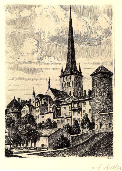 Olviste Church and old city towers (page from map "Tallinn-Eesti")