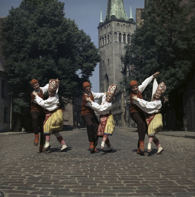 View of Tallinn. Folk dance ensemble in the Old Town.