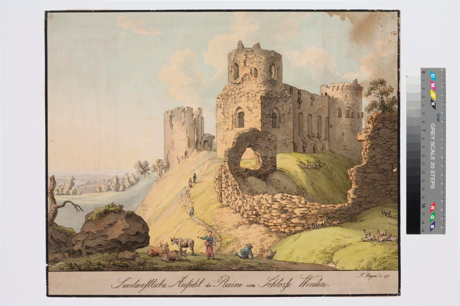 Hagen, August. View of the ruins of Võnnu castle from the edelict. 19th century beginning. Ofort. Pl 29,5 x 40