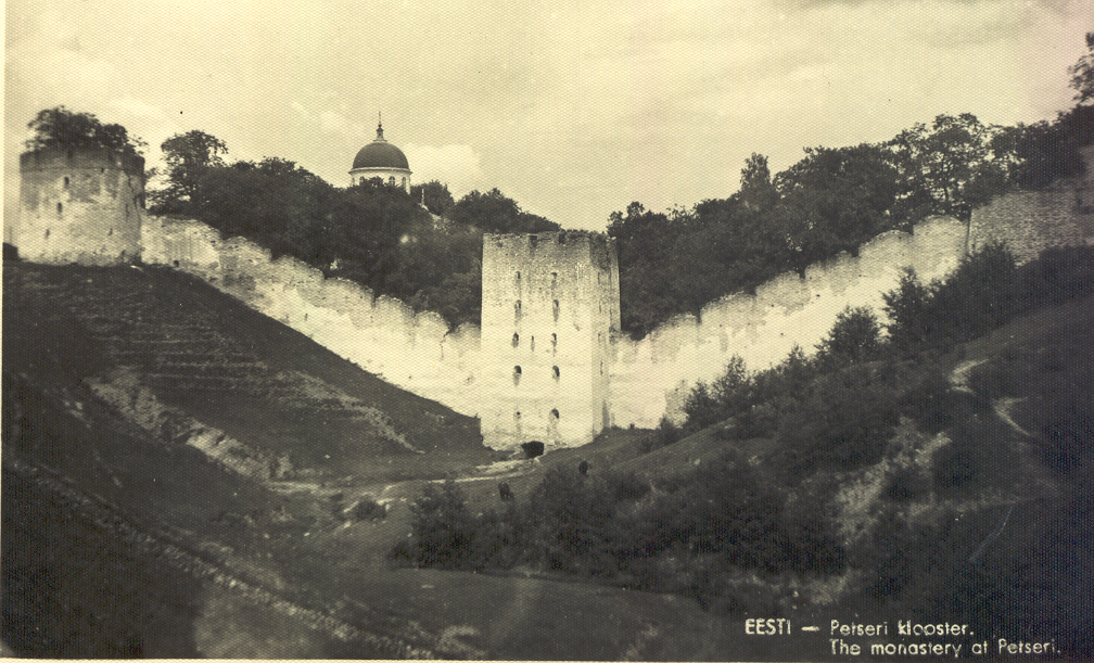 Photo postcard. Petseri. View of the circular wall of the Petser monastery to the southwest.