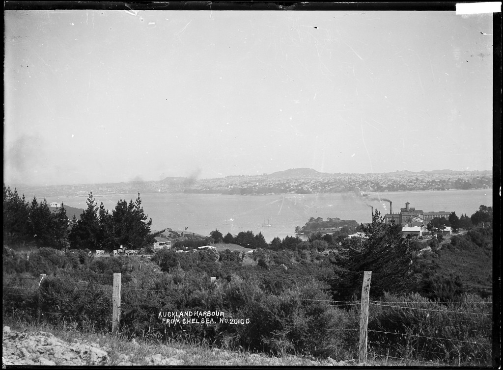 Auckland Harbour from Chelsea with Colonial Sugar Company works in the distance