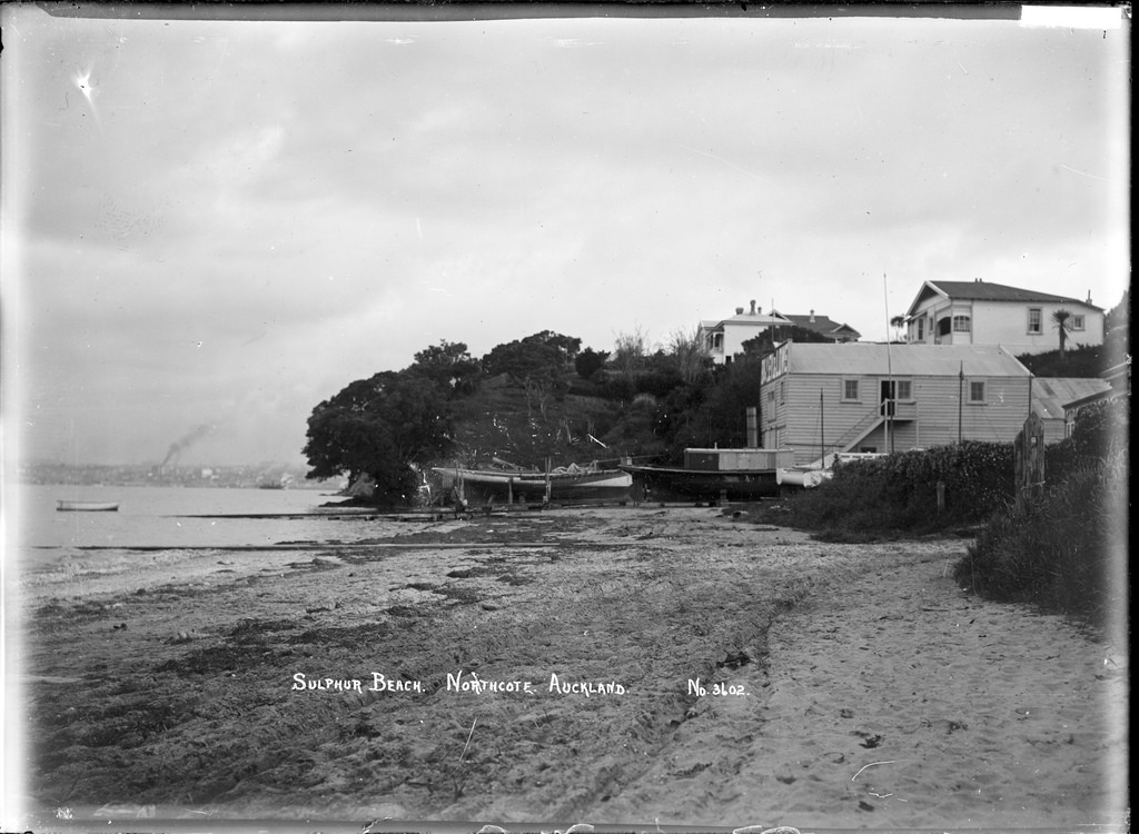 Boatshed and slipway at Sulphur Beach, Northcote, Auckland
