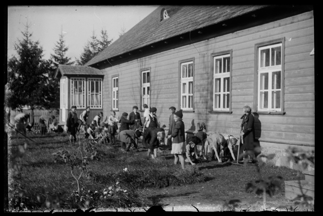 Children cleaning the garden in the spring (school children in the school garden)