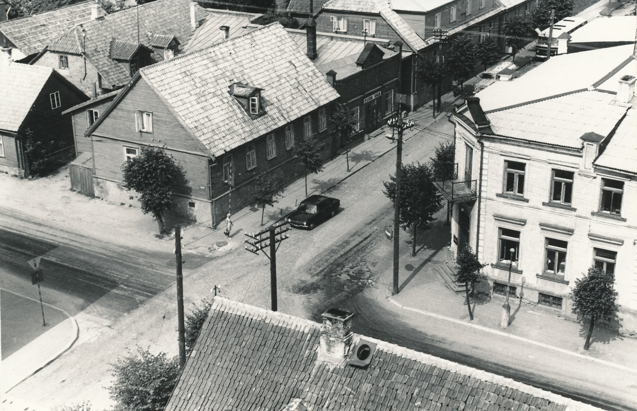 Photo. View of the city of Võru in the vicinity of Kreutzwald and Tartu streets of Võru Milk Products combinate Tower Shepherd in July 1976.The first plan is a pharmacy building)
