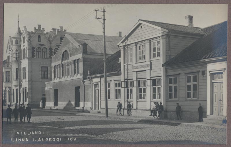 Photo, Viljandi, Linna I primary school, state wine shop, Grand Hotel, approx. 1915